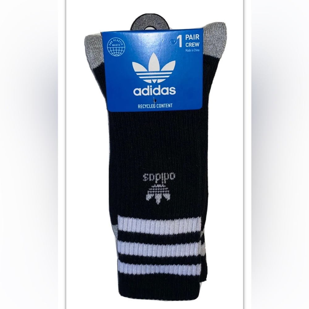 Adidas Crew Socks 1 Pair Men 6-12 Black Gray White 3 Stripe Trefoil Logo Wicking